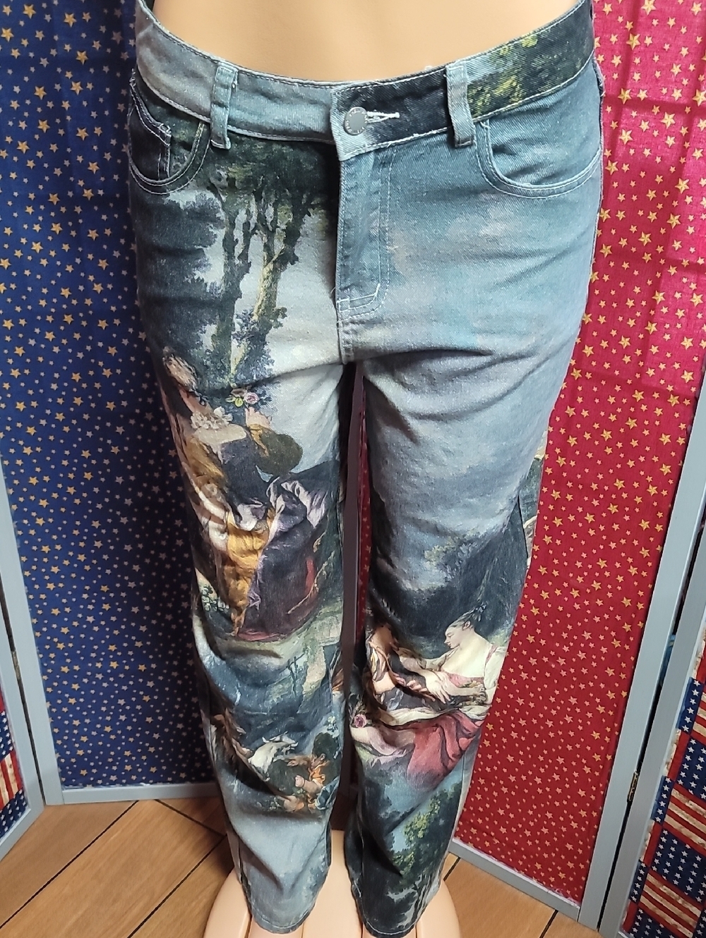 SHEIN Blue Straight-Leg Jeans with Artistic Print